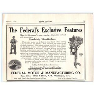 1915 Print Ad Federal Motor Mfg Co Vibrationless Detachable Rowboat Canoe Motor!
